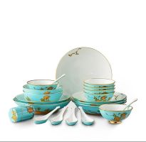 Auratic 22-Piece Chinese Dinnerware Set for 6, Plates, Bowls, Spoons, Toothpick Holder, China Painted Ceramic Tableware Set(Lake Blue, Peony)